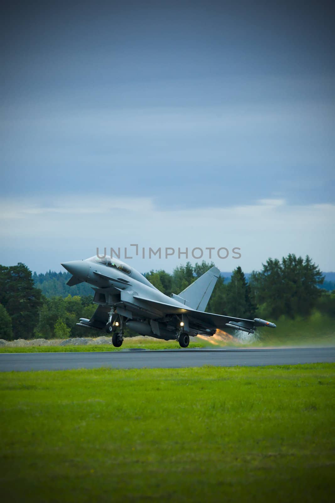 Eurofighter typhoon taking off from Finnish airport 