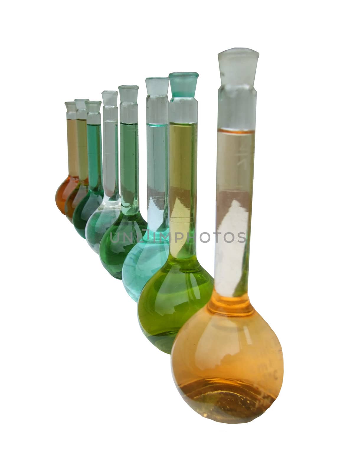 several flask with chemical reactions in it