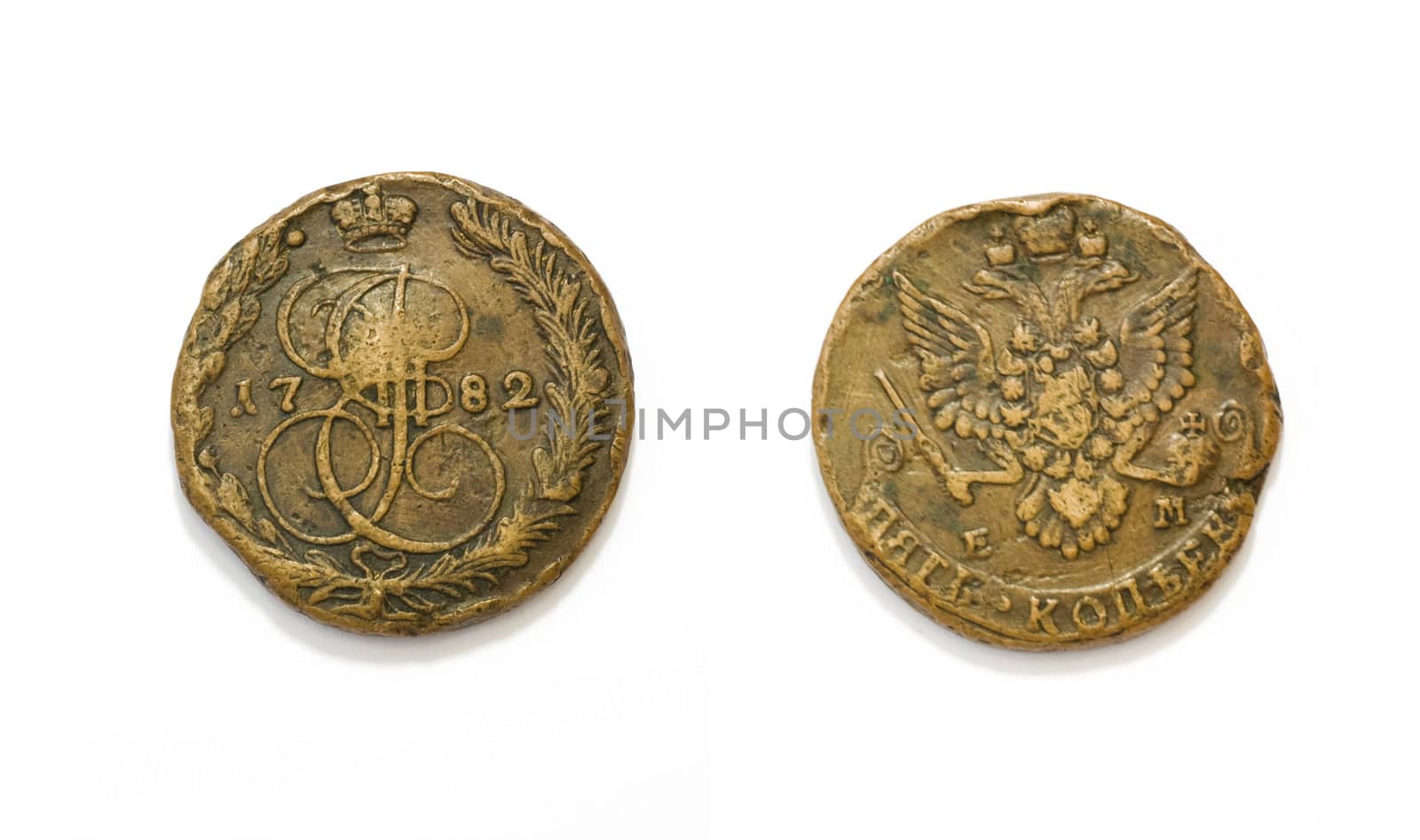 Coin of Russian Empire 18th century 1782 on white background