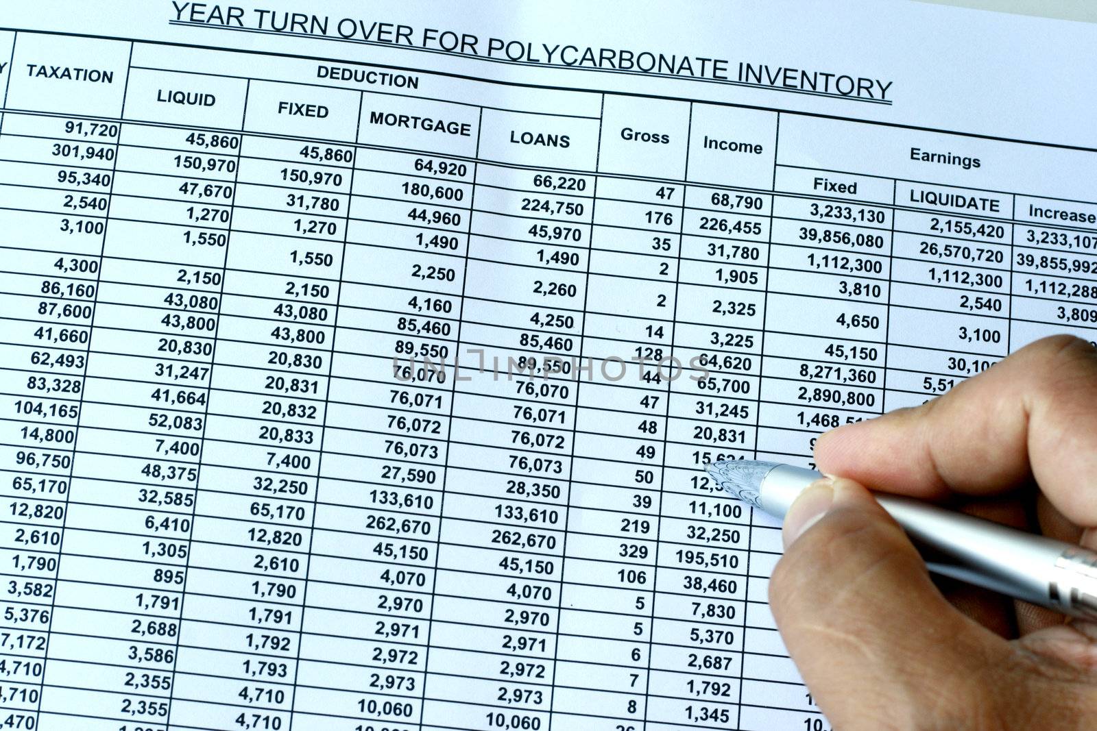 Spreadsheet being reviewed by hand with pen