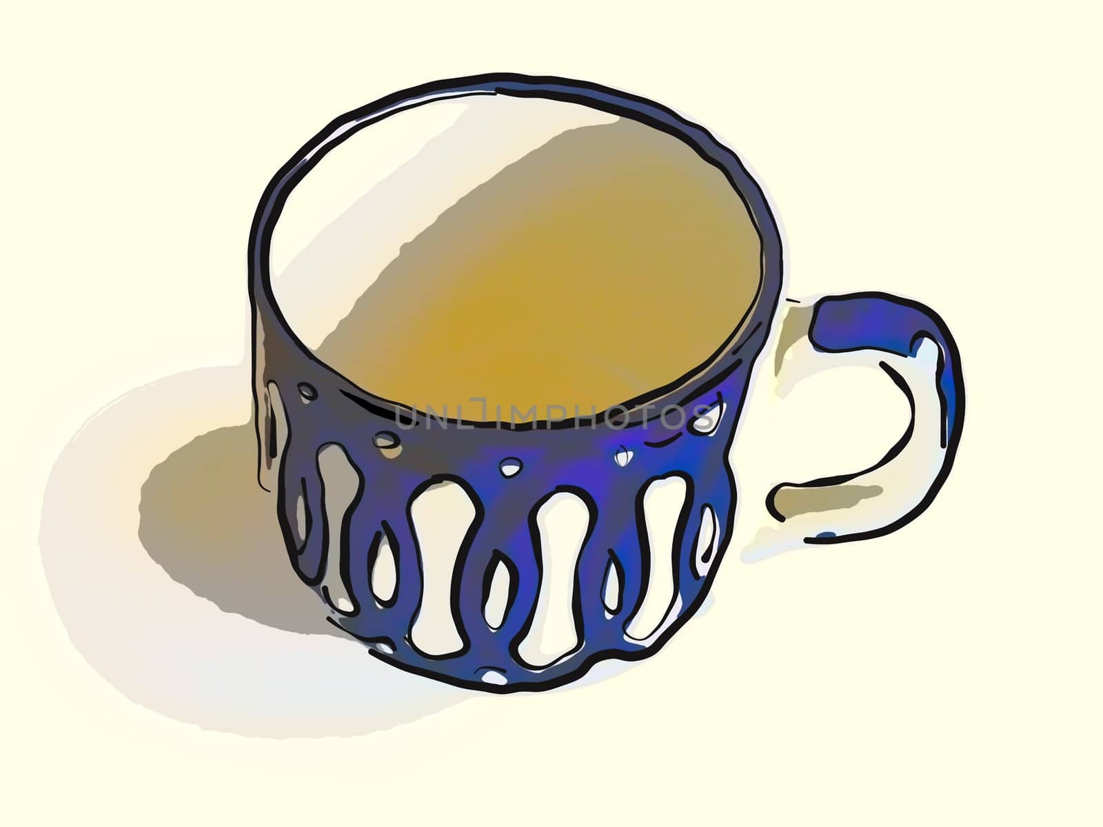 Blue china cup with ornaments. Illustration.