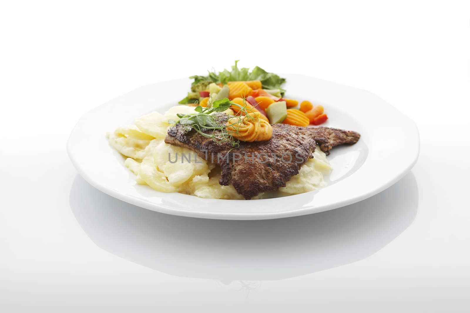 Steak and creamy potatoes on the white plate