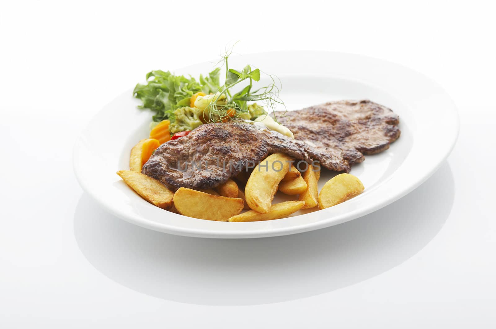 Steak and fries on the plate over white background