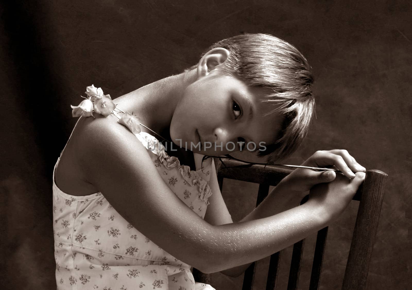 The girl sitting on a chair with a camomile on a dark background