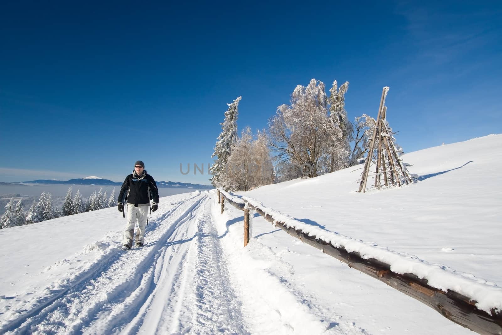 Winter trekking in rural scenery during beautiful day