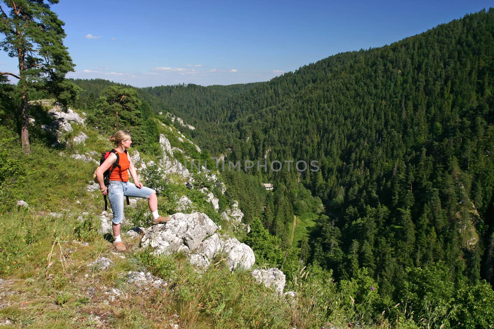 Female trekker is looking at the valley