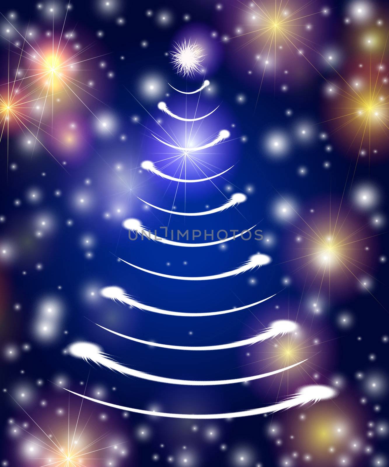 christmas tree drawn by white lights over blue background with stars