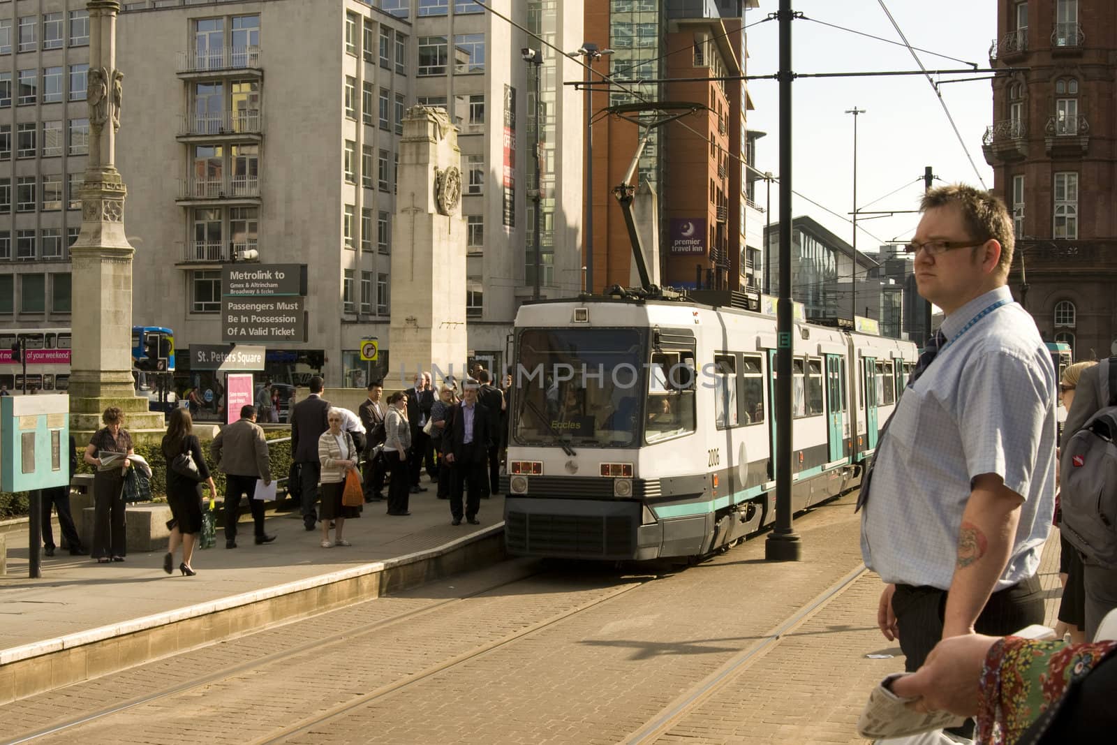 Metrolink tramway arriving at St Peter Square, Manchester,UK