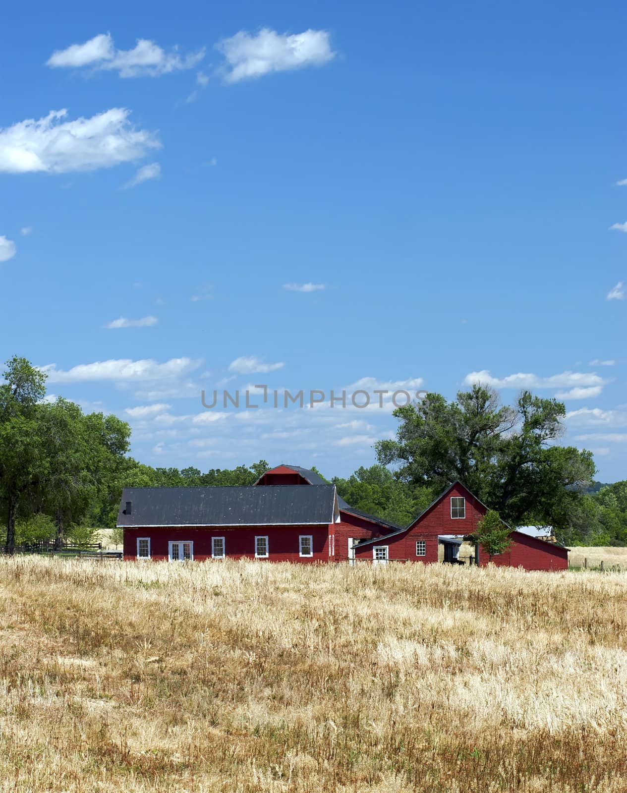 A red barn and farmhouse sit amid golden fields of wheat and grass