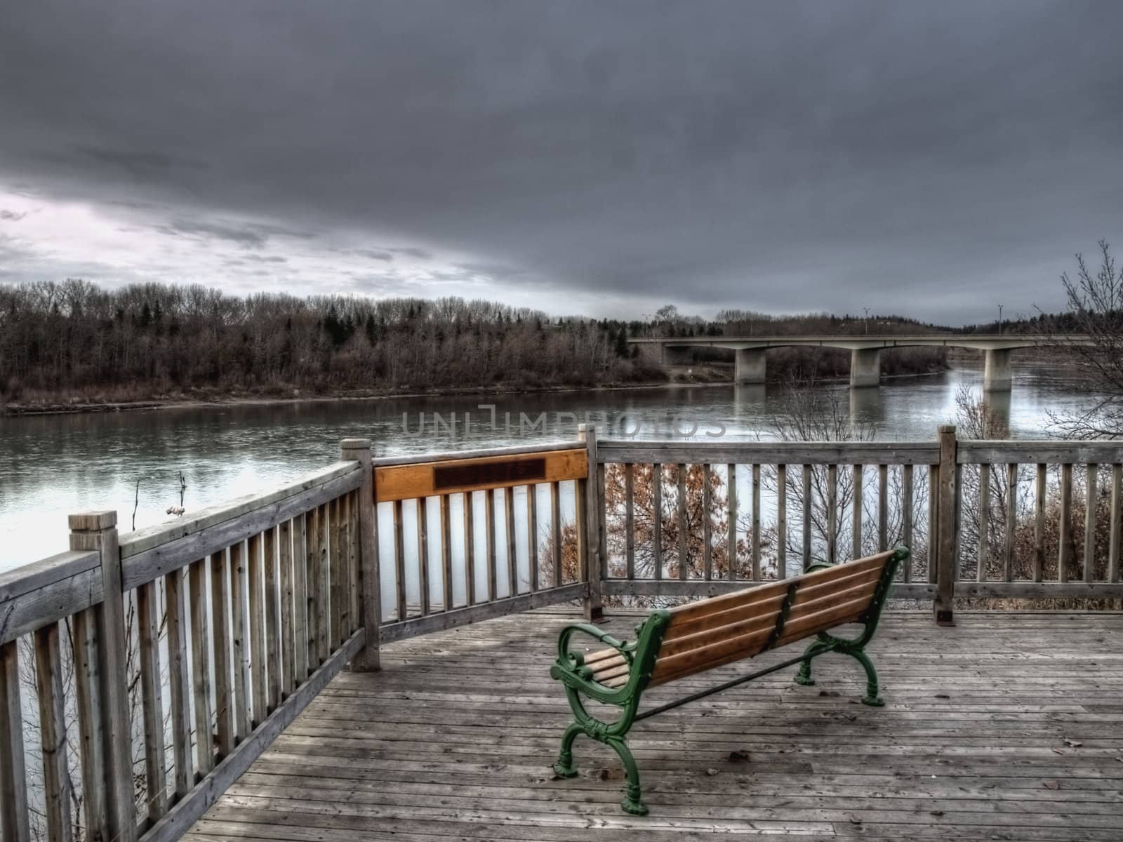 Lookout point and bench along a river in early November.