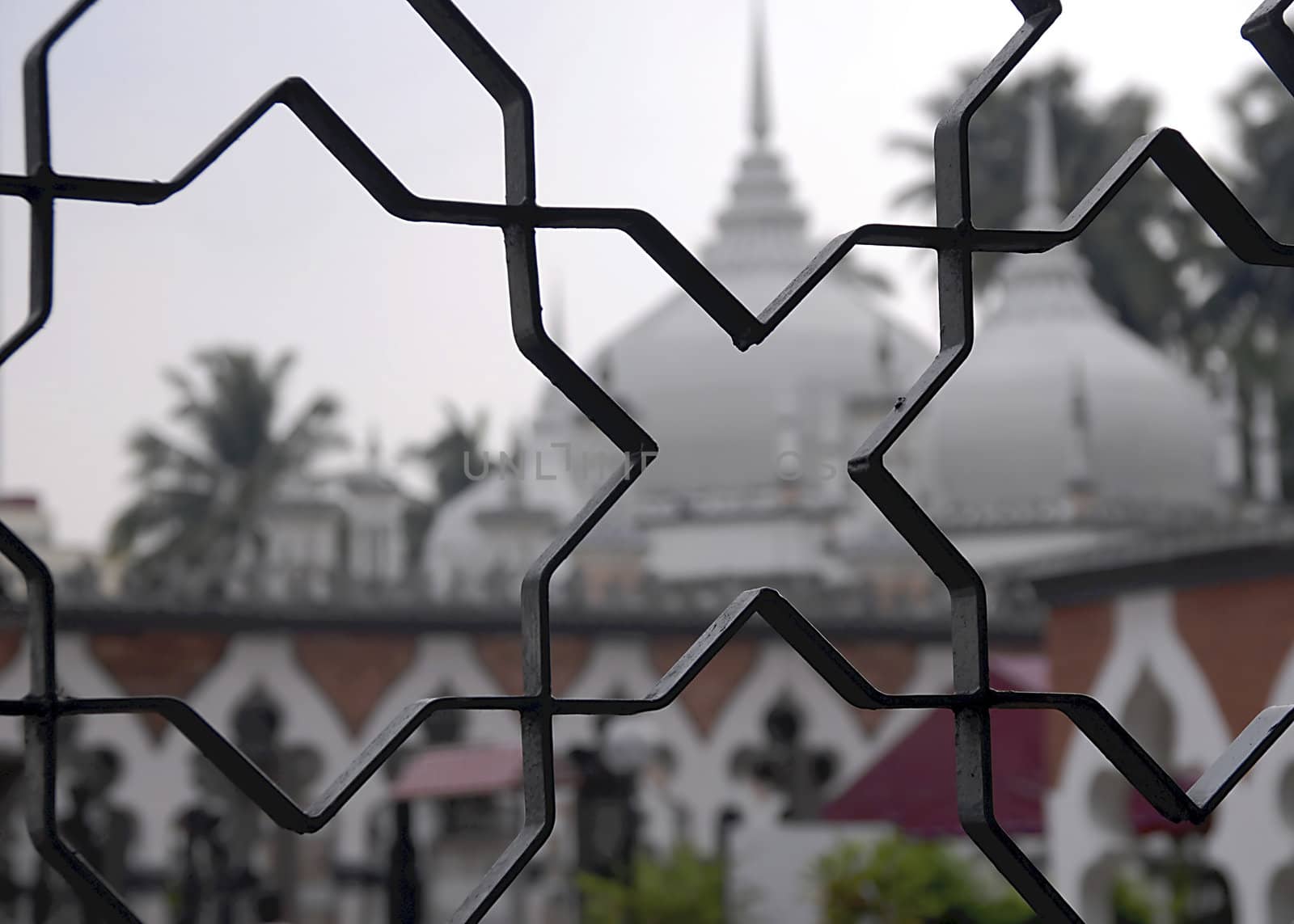 A beautiful wrought iron fence surrounds a mosque in Malaysia