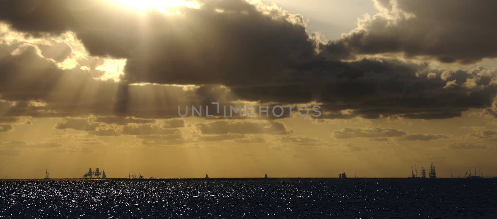 A Parade of sailing ships passes under the rising sun