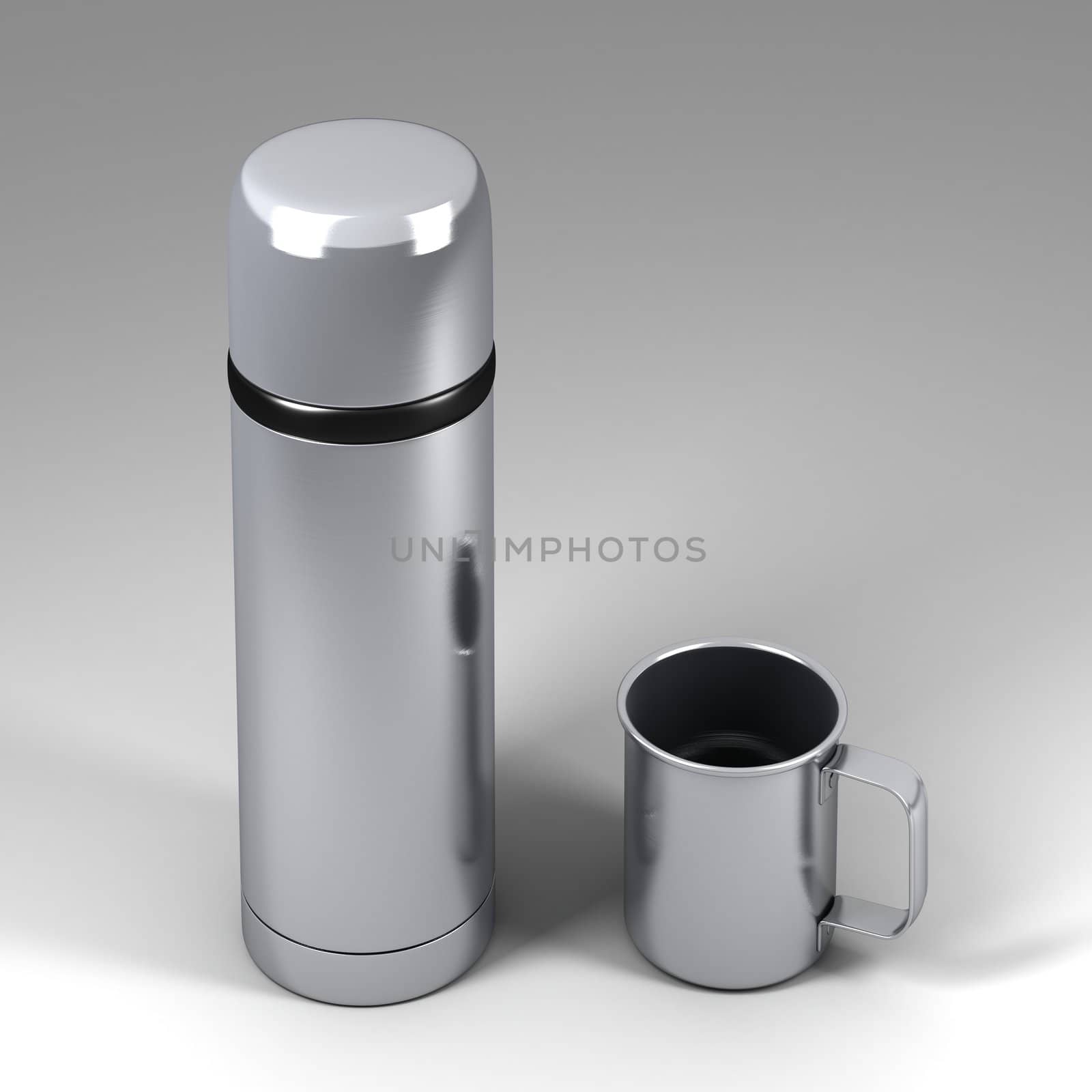 Stainless steel thermos and mug 3D rendered picture