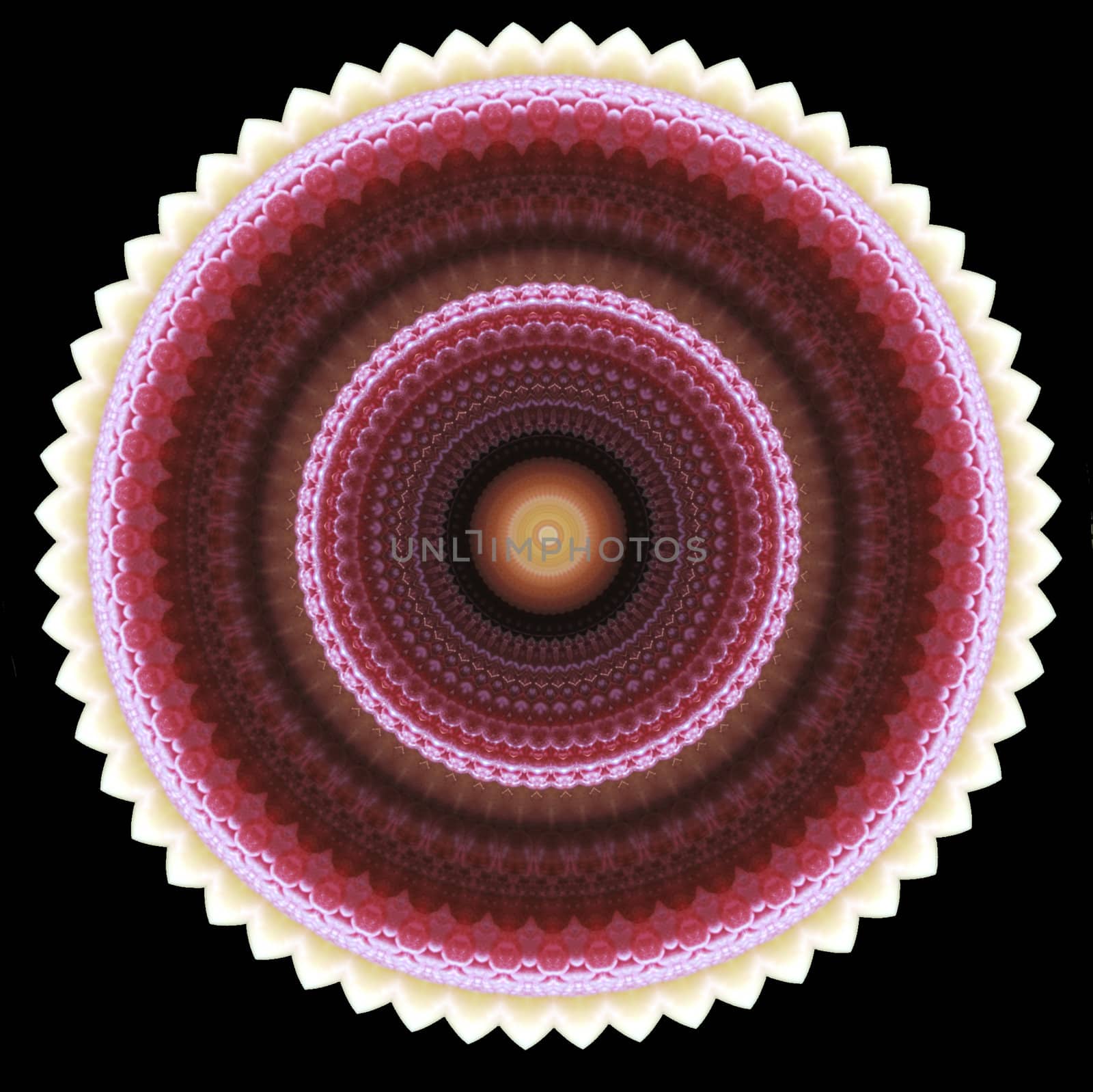 abstract computer-generated image in raspberry magentas with an outer edge resembling pastry