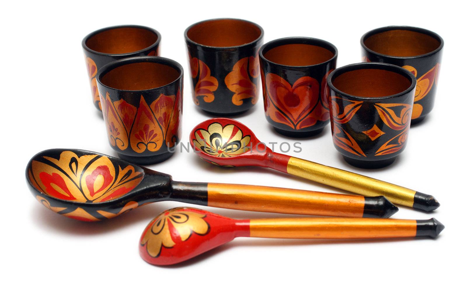 set of russian wooden spoons and cups by Mikko