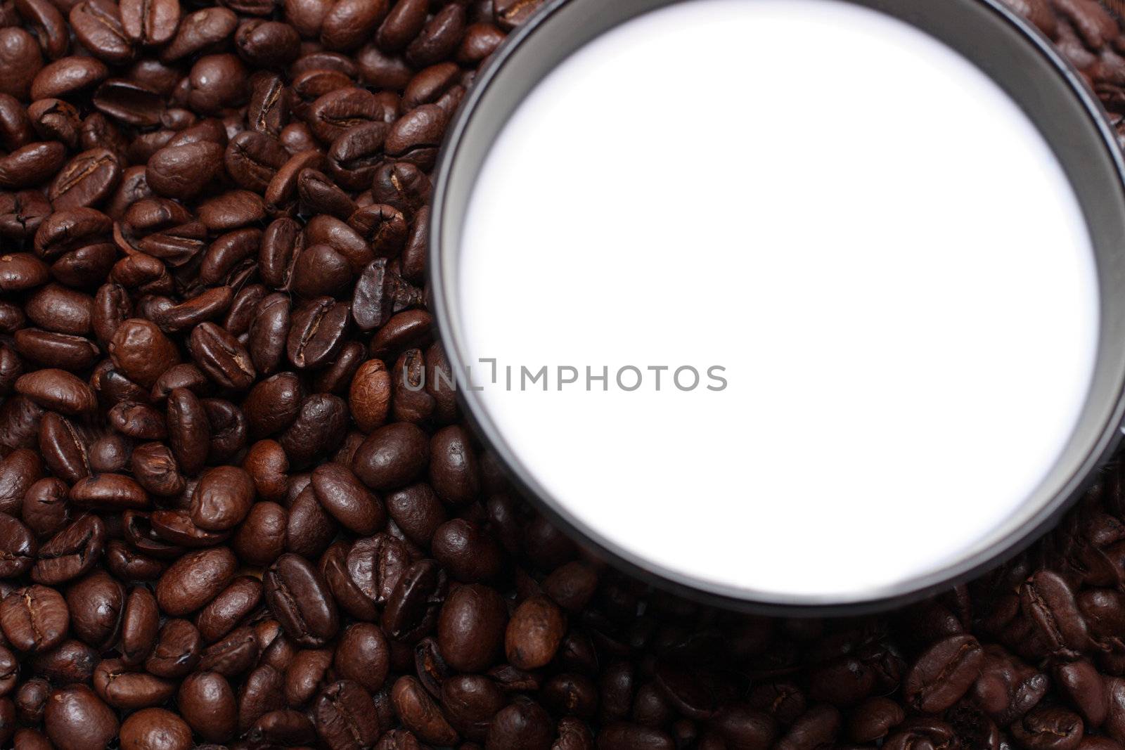 coffee beans and milk in cup close-up