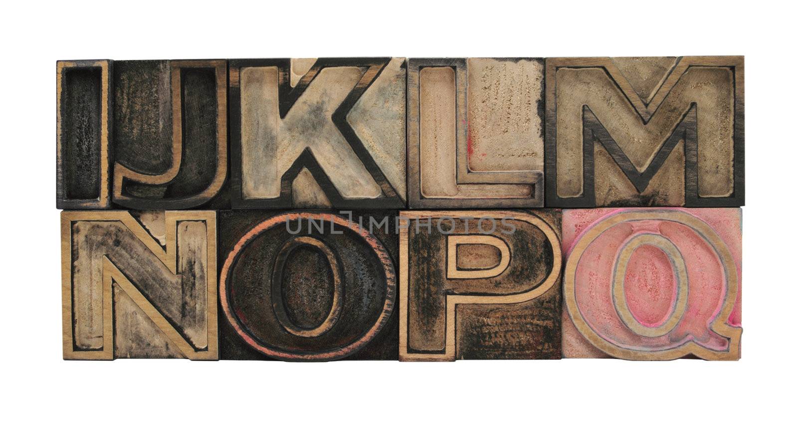 old, ink-stained letterpress wood outline type letters I-Q