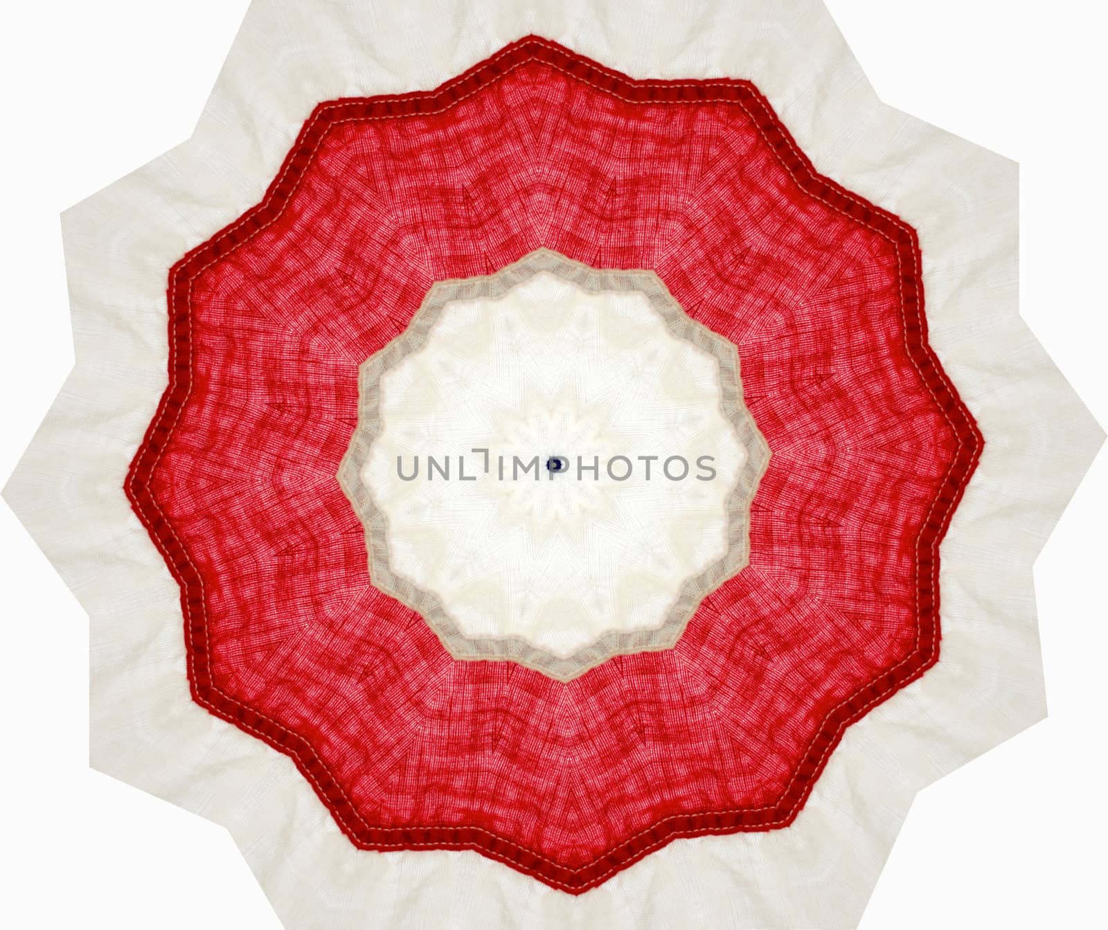 red and white abstract with intricate white-on-white designs in the center