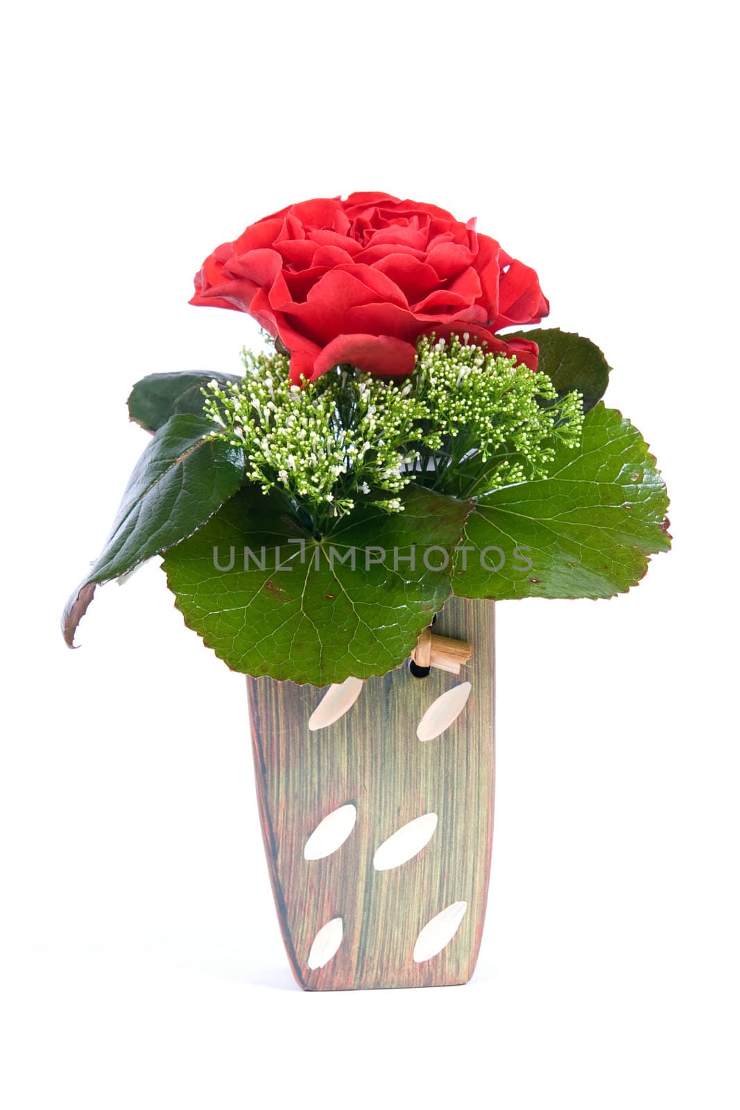 Arrangement with red rose in flower vase