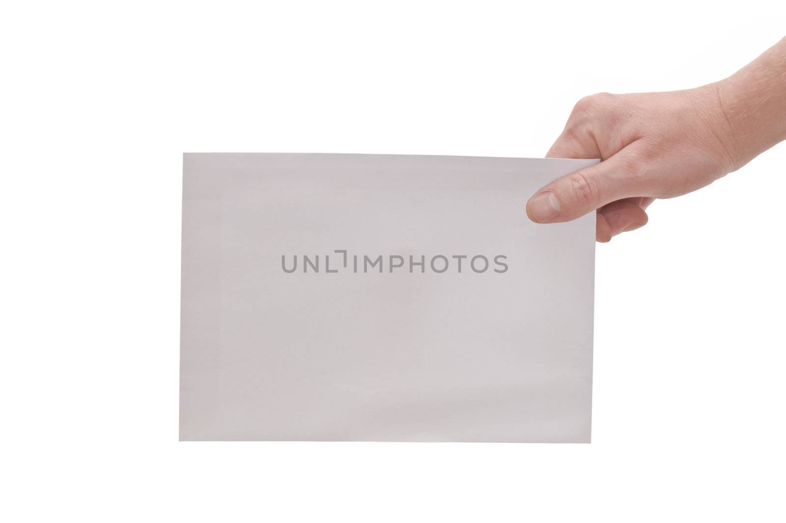 an isolated over white image of a caucasian man's hand holding or passing a large white plain envelope 
