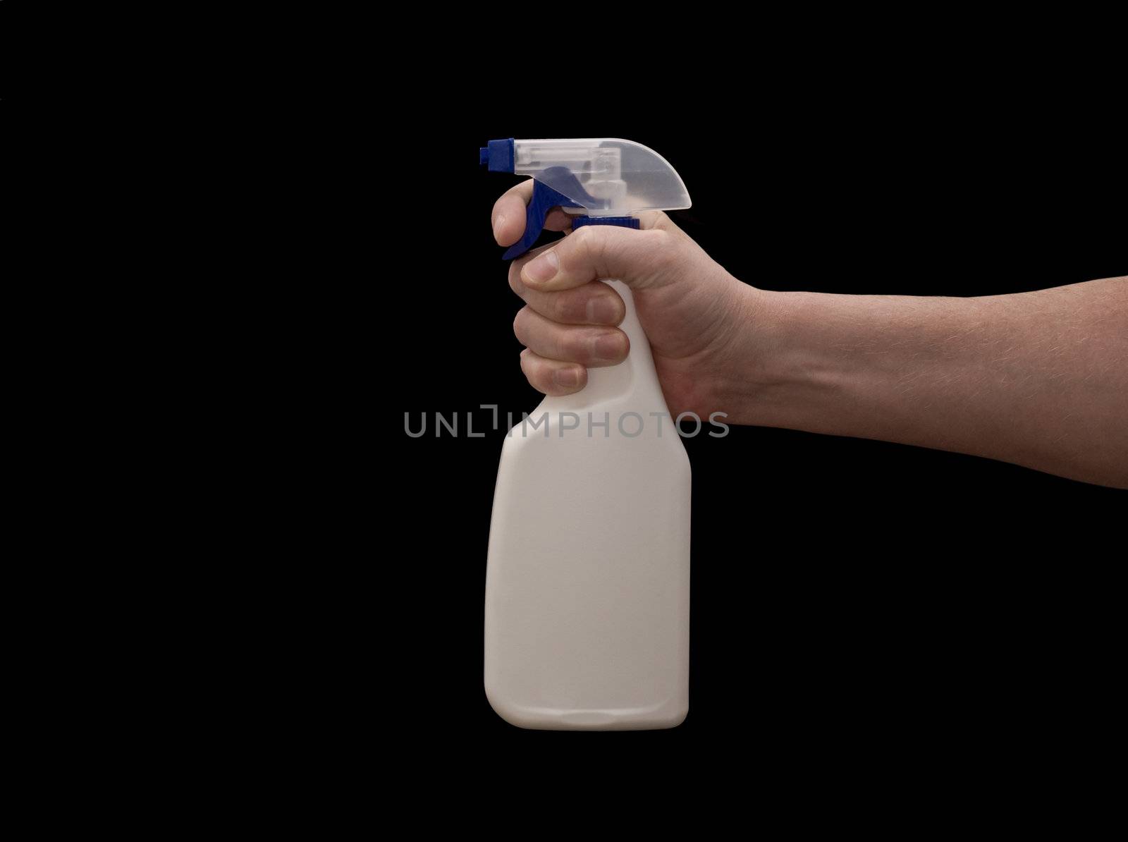 an isolated over black caucasian man's hand holding a blank spray bottle.