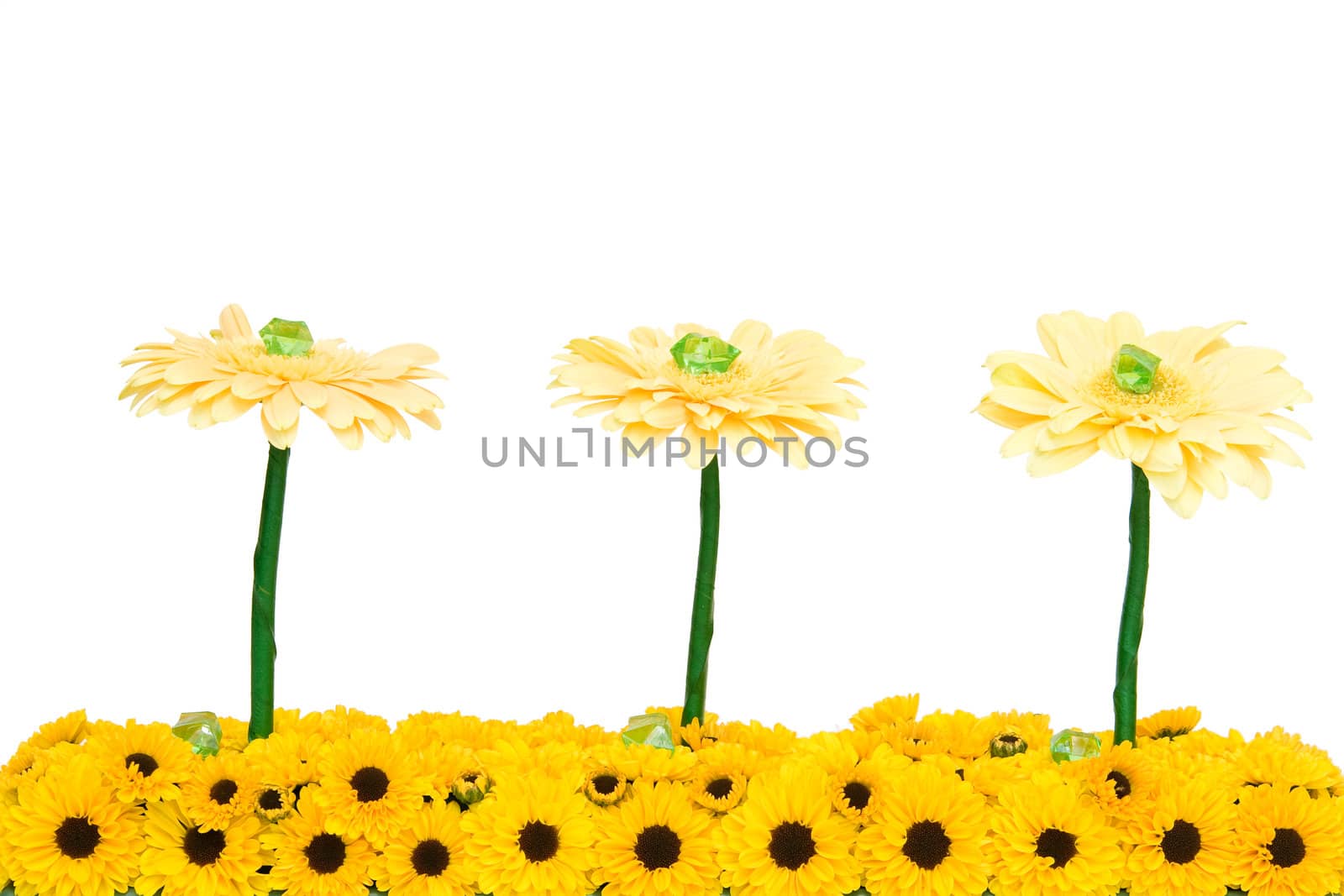 Arrangement with three big chrysanthemums and many small ones