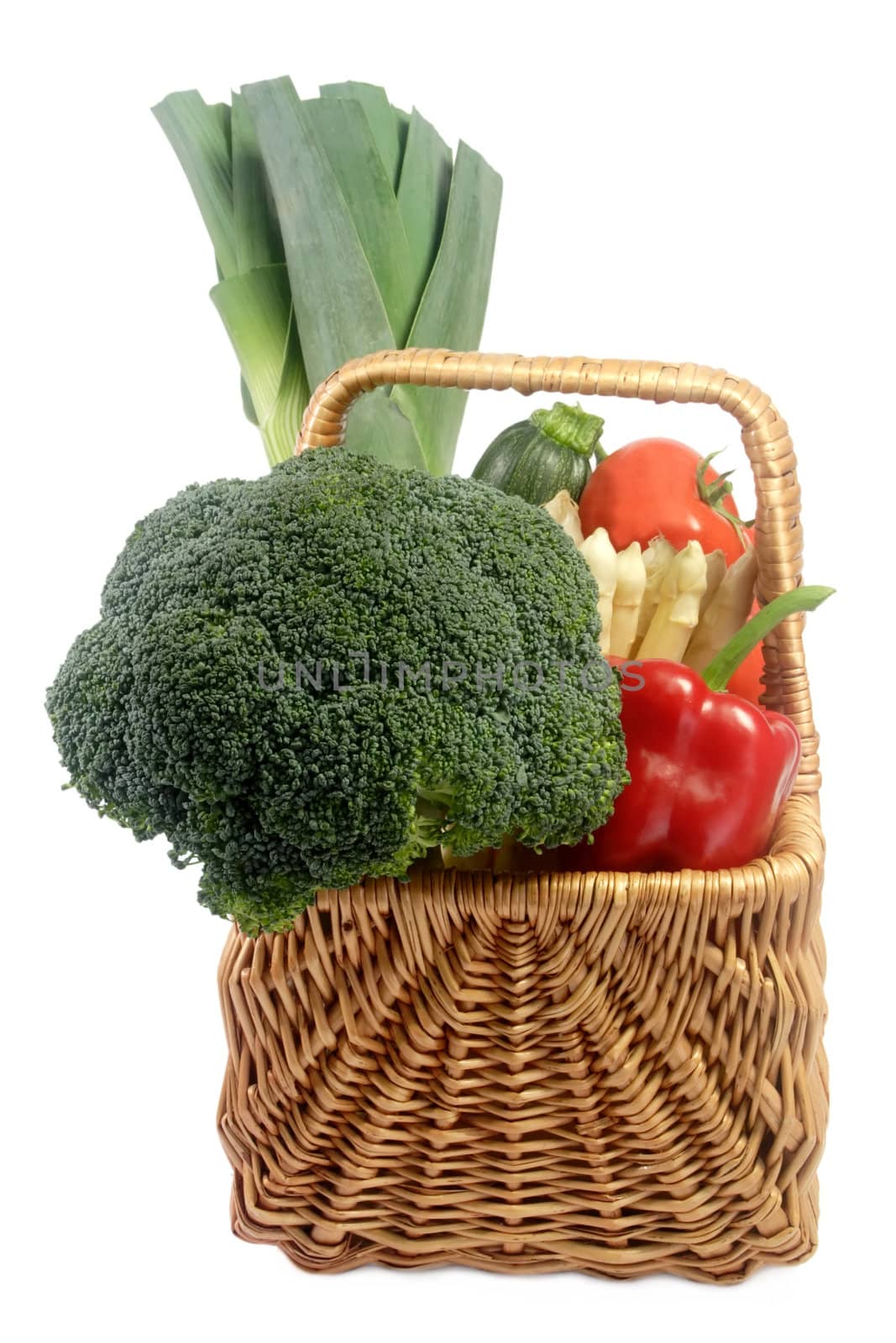Different sorts of vegetables in a basket - isolated on white background