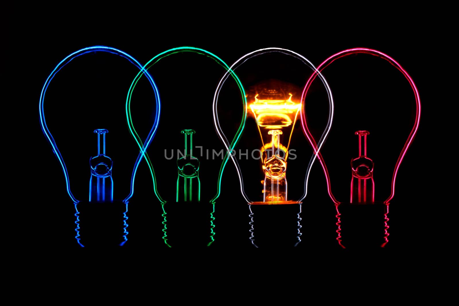 Four lights, symmetry, outline, lights, blue, green, white and red, white bulb burning with Contour Lines of metal coil