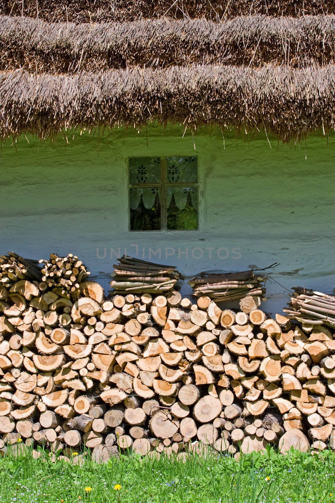 Very old hut with thatched roof and heap of cut wood in front of the house