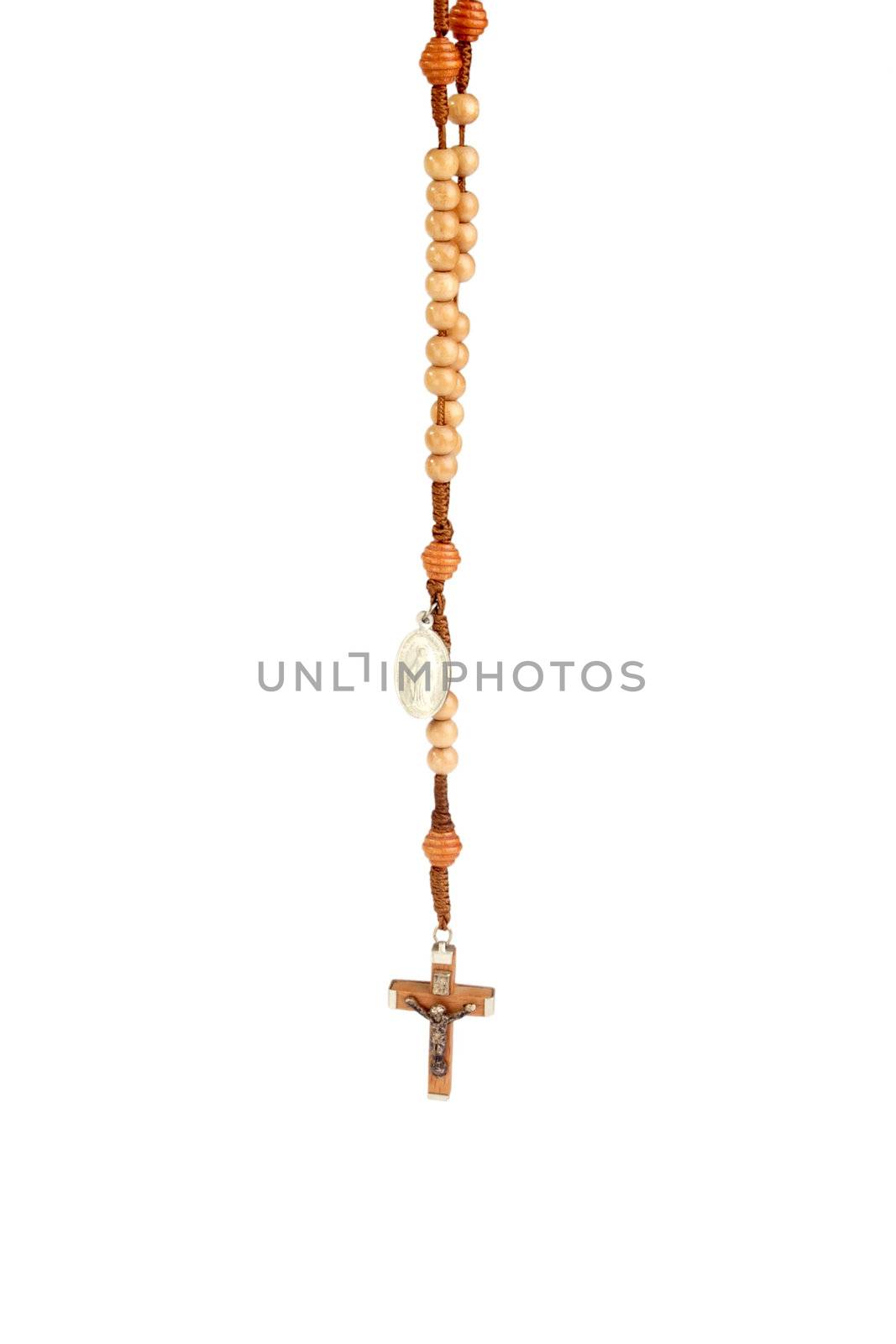 Hanging wooden rosary - isolated on white background