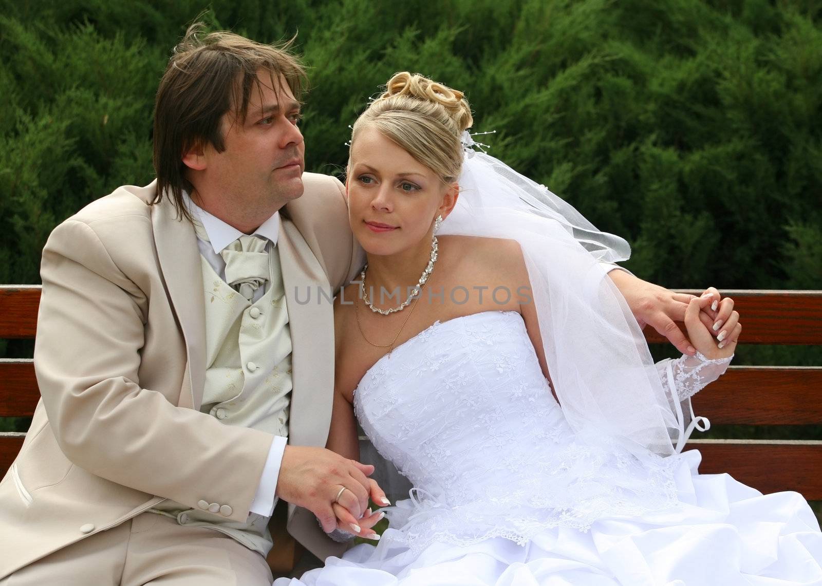 Recently married pair sits on a bench in park