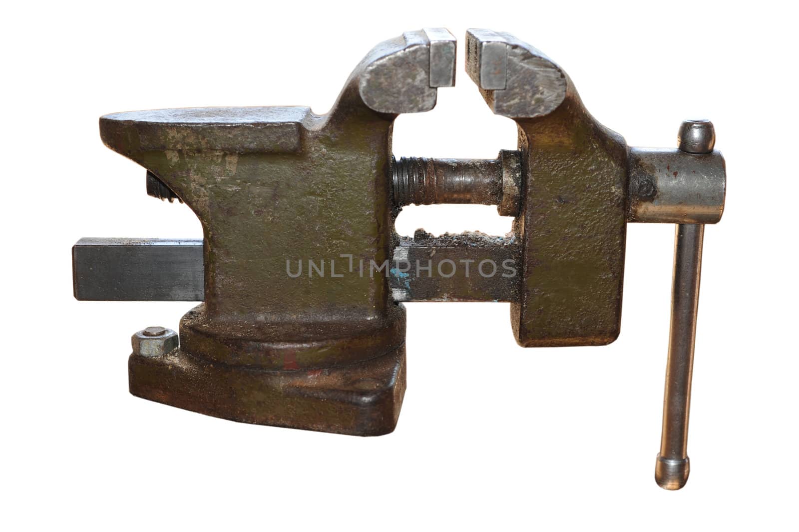 Old used bench vise on white background
