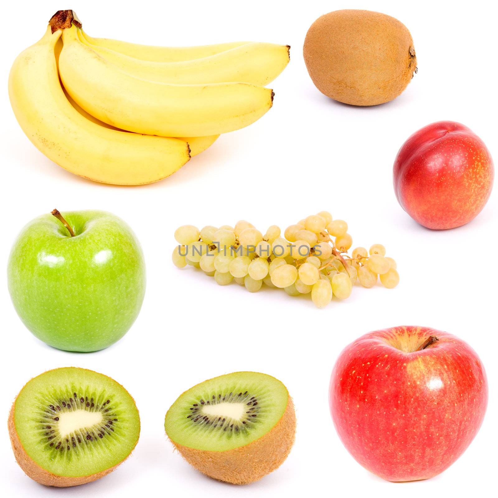 Mixed fruits: apples, kiwis, peach, bananas and grape