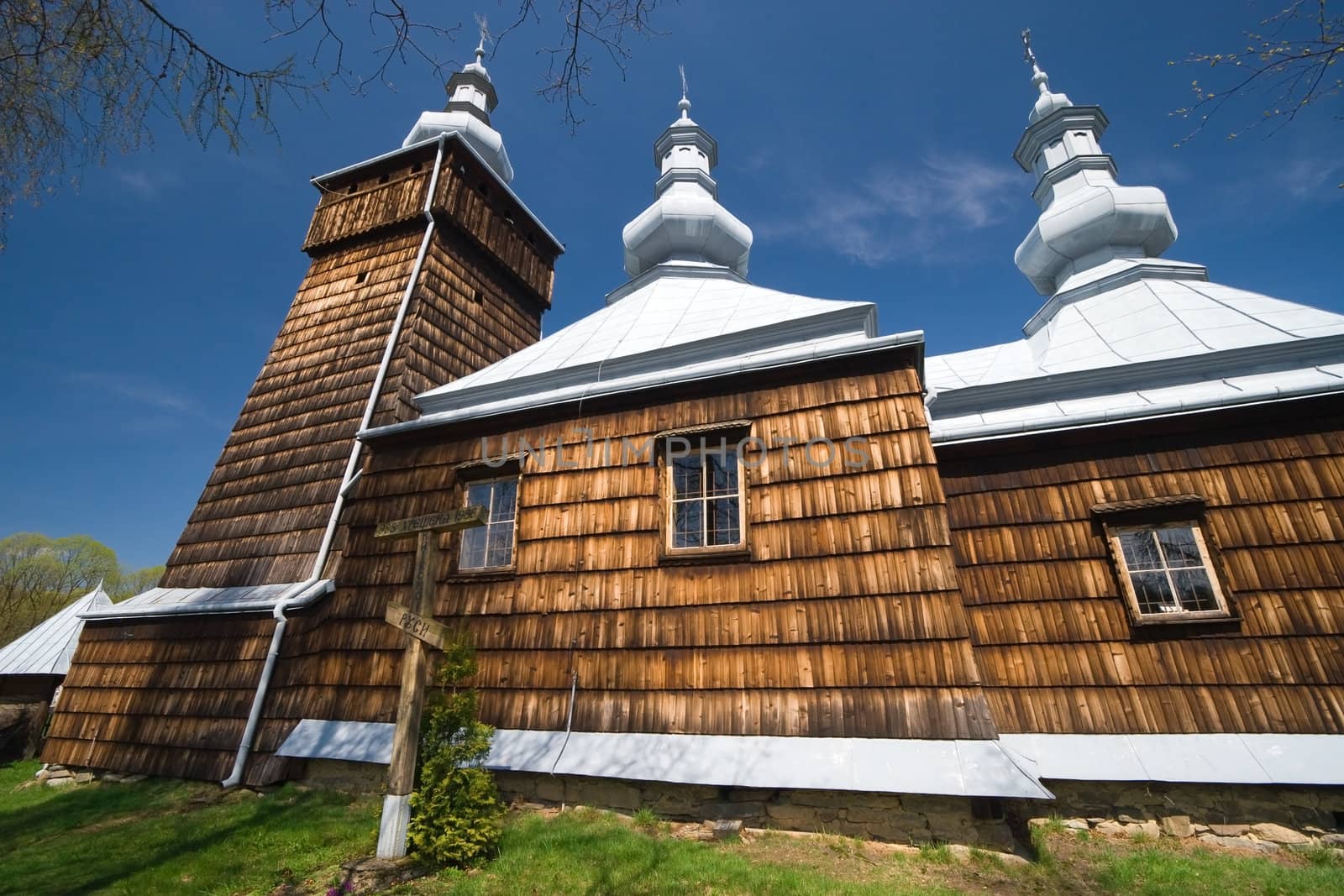 Wide Angle View of Wooden Orthodox Church in Leszczyny builded in XIX century, Poland