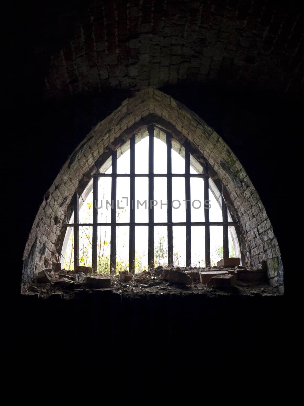 old arch window with metallic treillage in dark 