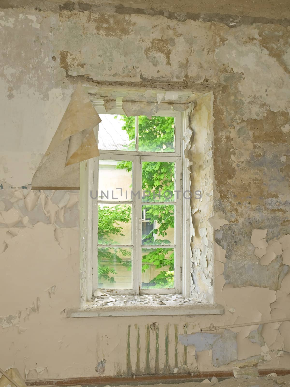 Old building ruin with scattered window  