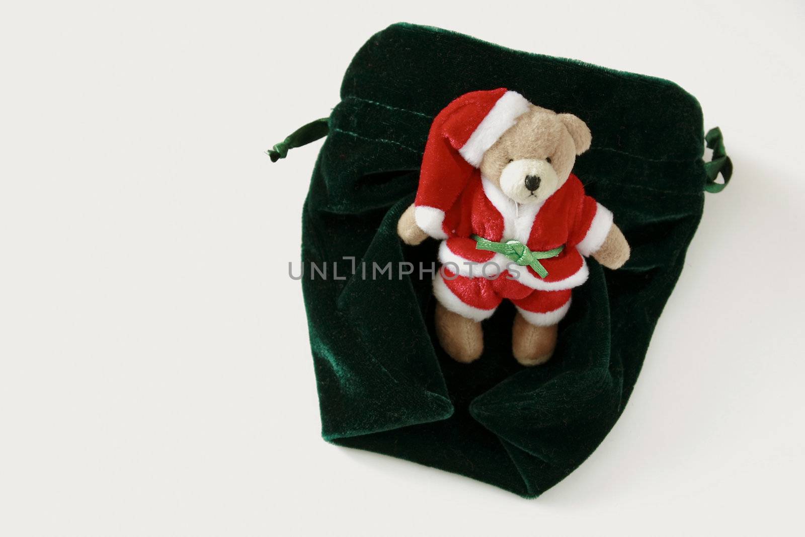 small teddy santa on a plush velvet green purse over a white background