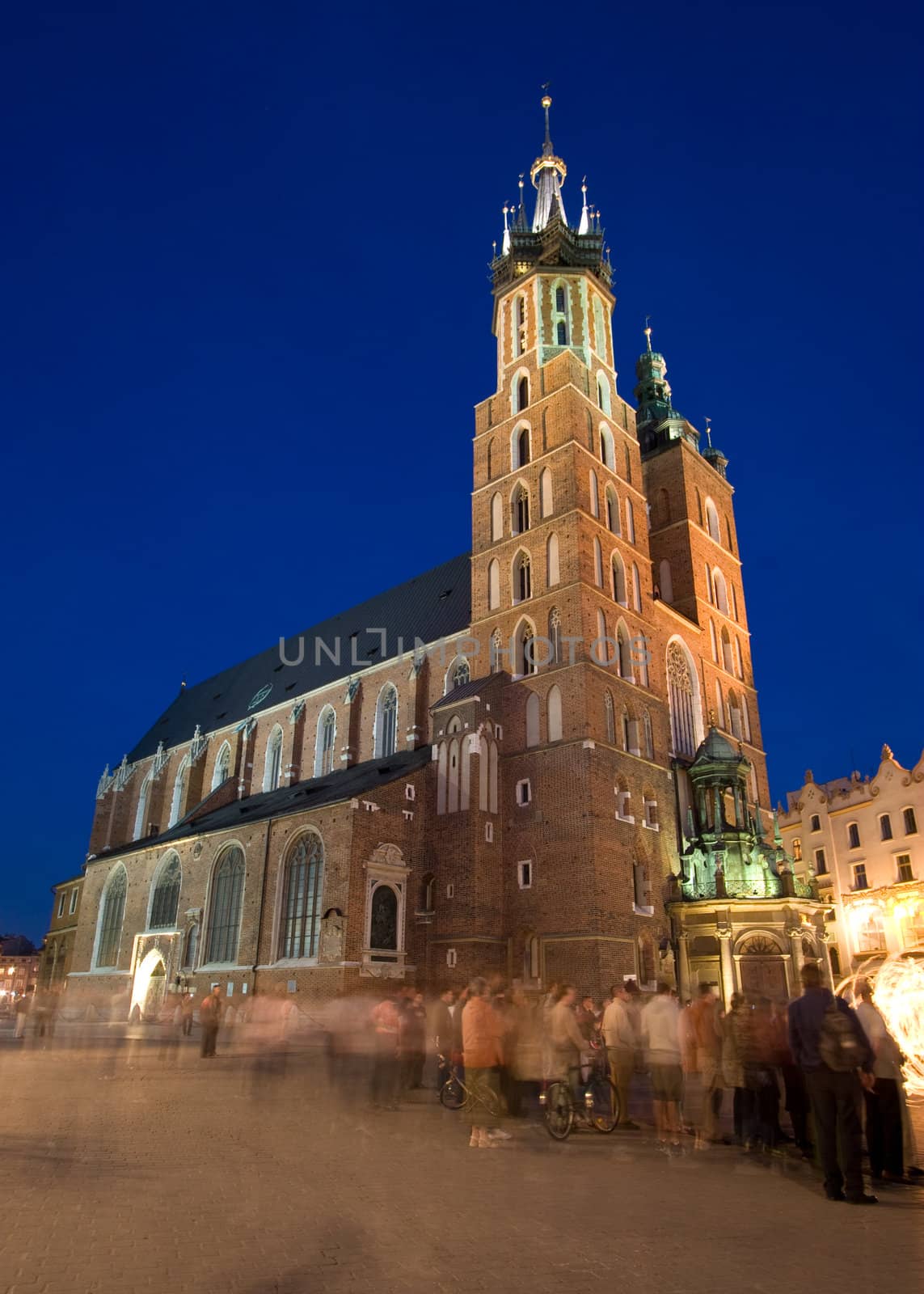 Church Mariacki in Krakow by night, Poland