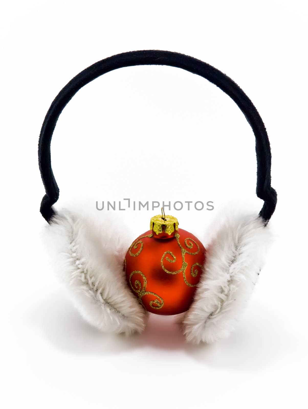 Christmas red ball with headphones on white