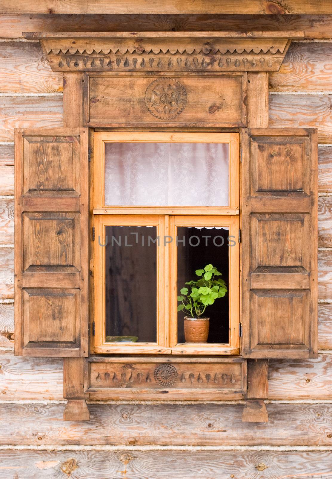 Flower in a pot behind the traditional russian decorated window