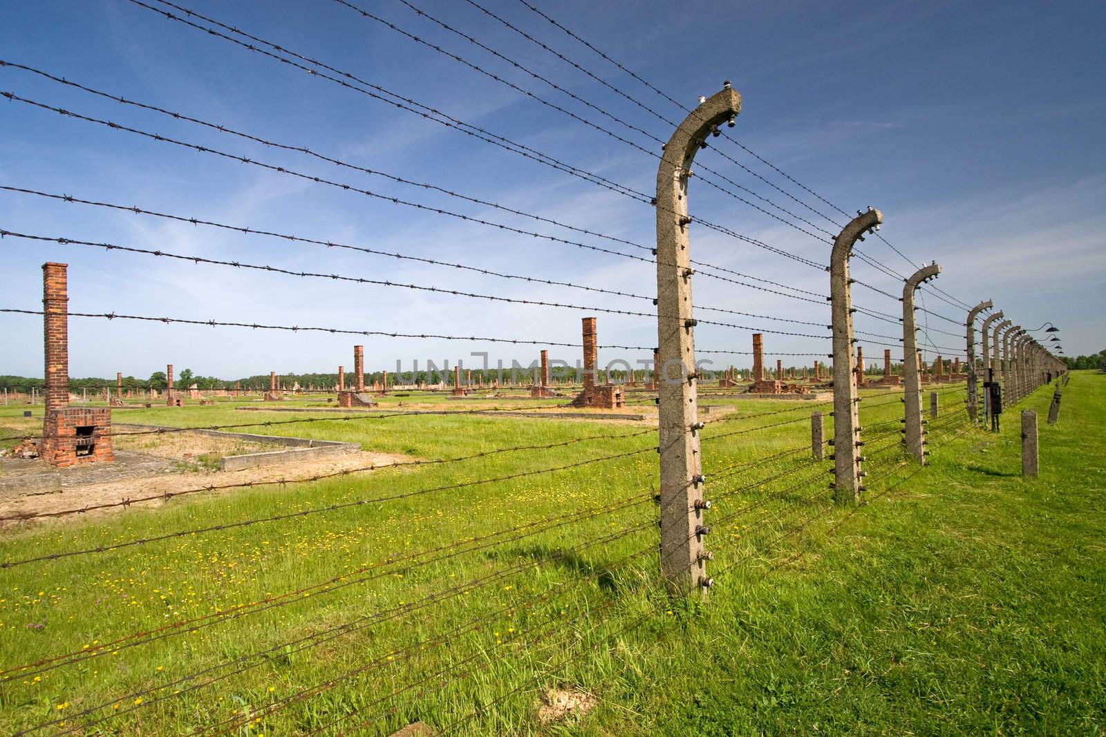 Barbed wire fence in Auschitz Birkenau by victoo