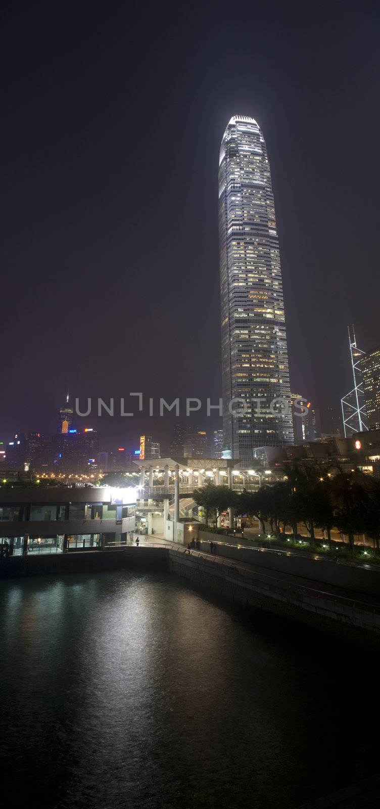 Hong Kong island with the International Finance Centre (2IFC) skyscraper. Central Pier in the foreground.