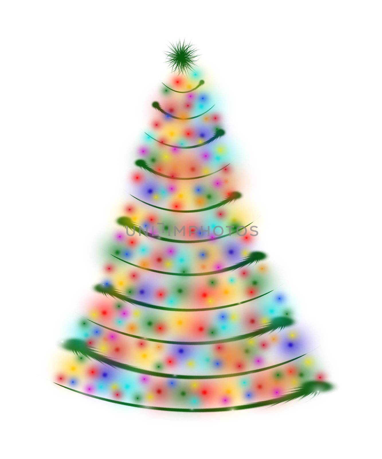 christmas tree drawn by white, red, yellow, orange, pink, violet, green and blue lights isolated
