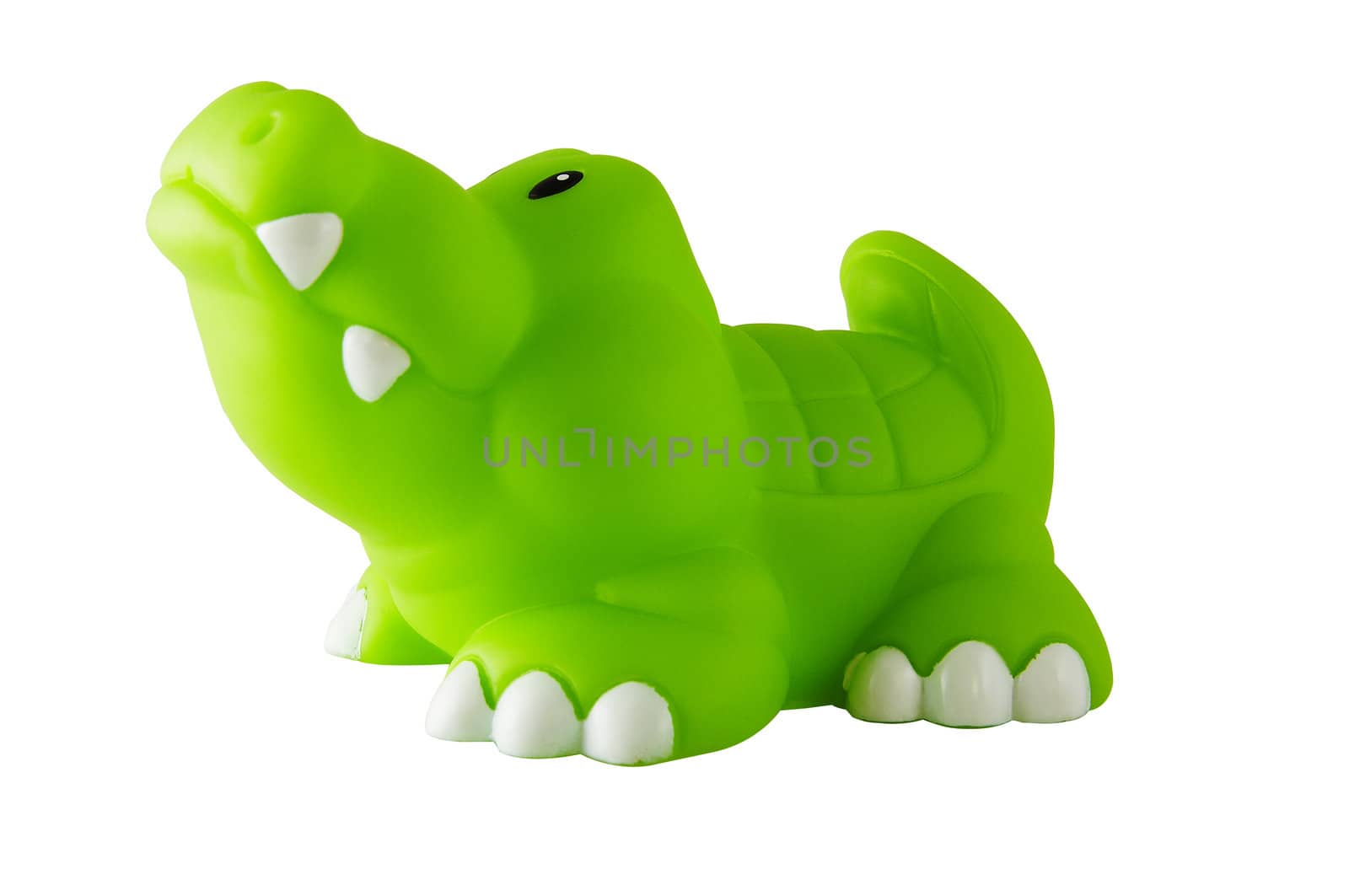 children's green toy alligator isolated on the white background. Clipping path included.