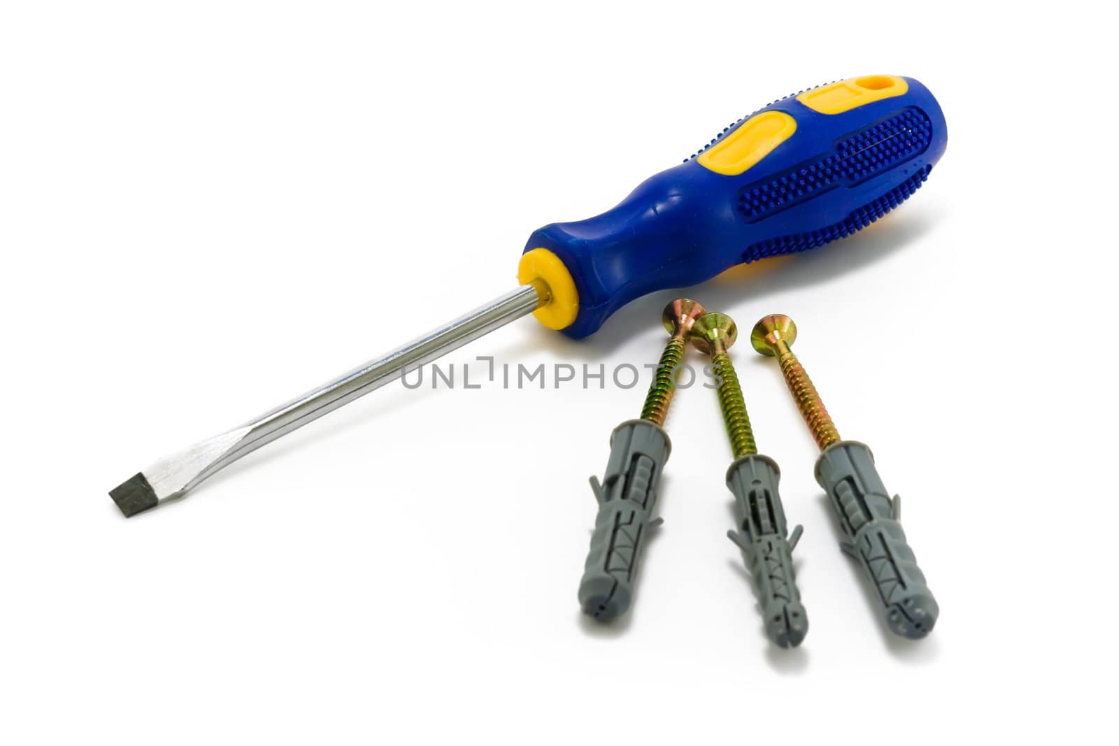 Stainless screwdriver with blue plastic handle and zinc screws on white