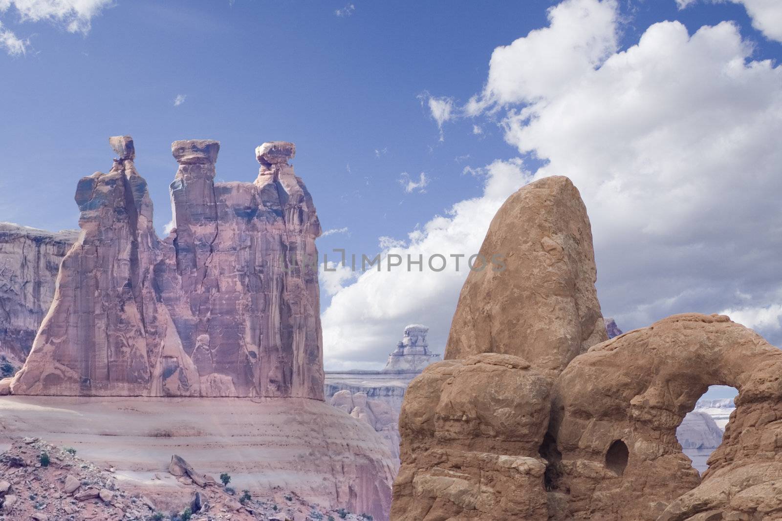 3 Gossips Arches National Park area mountains and spires in Utah USA