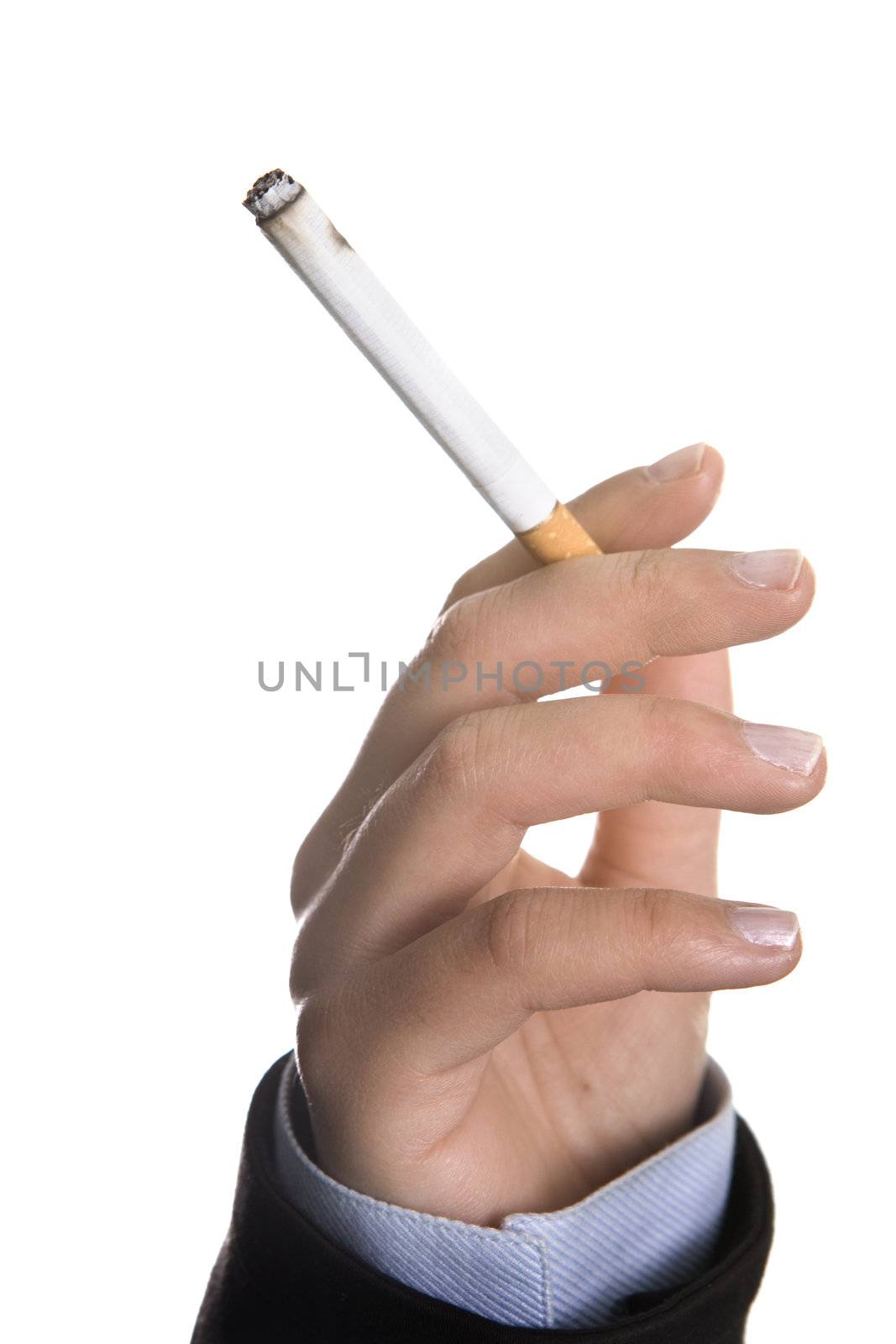 woman hand holding cigarette isolated on white background