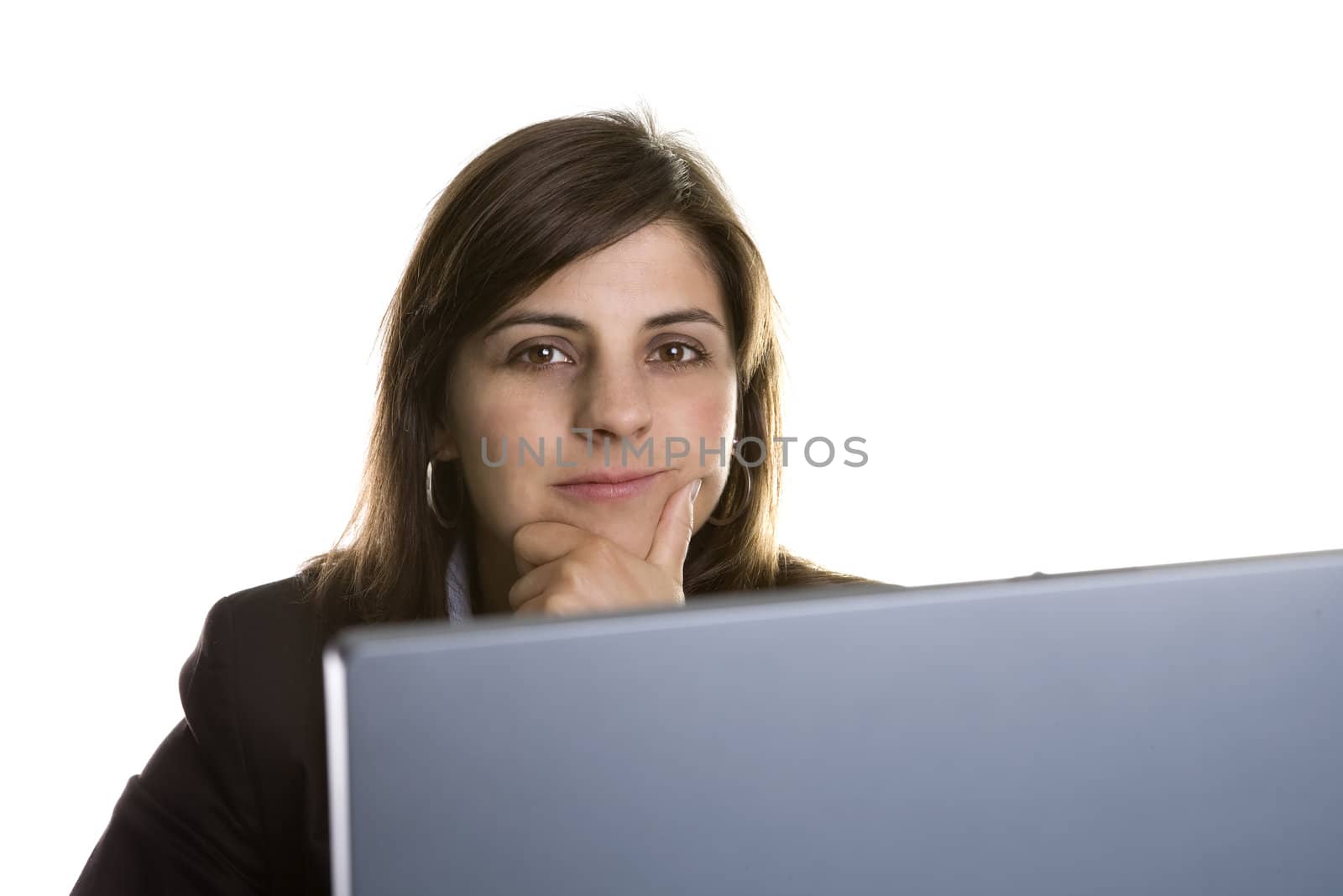 businesswoman with laptop computer isolated on white background - focus on the woman