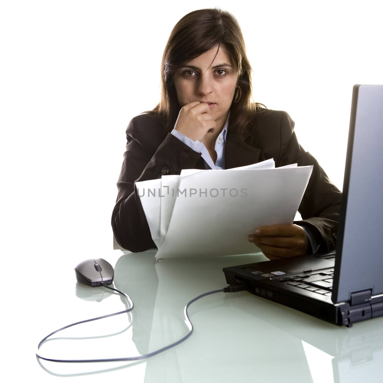 businesswoman with paper reports and laptop 