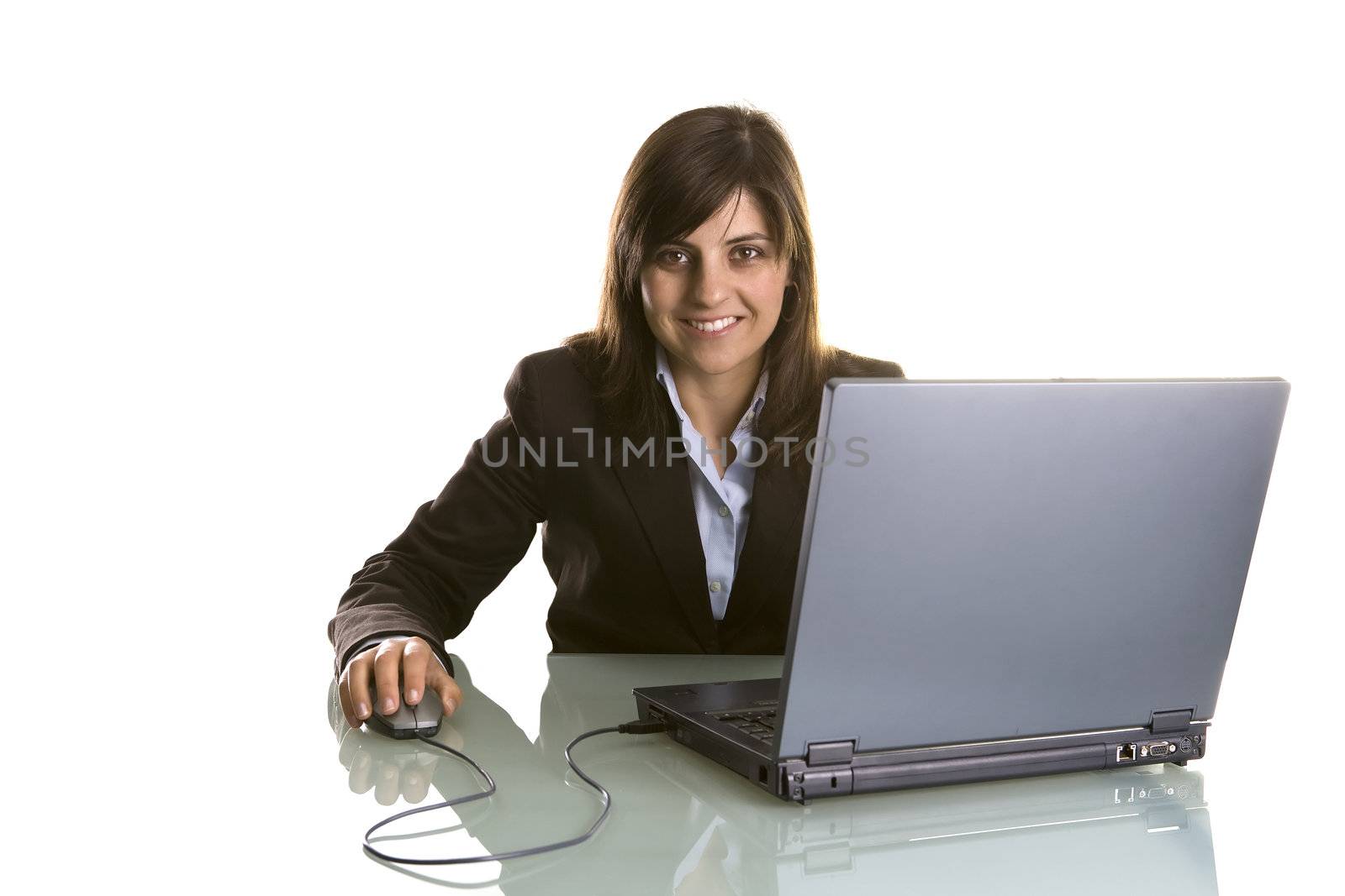 businesswoman with laptop computer isolated in white background